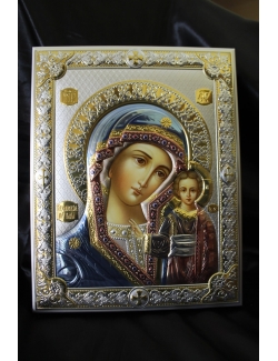 Icona in argento con Madonna e bambino smaltata e dorata